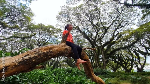 Happy little girl sitting on the tree branch while enjoying holiday in De Djawatan forest, Banyuwangi, East Java, Indonesia. Shot in 4k resolution photo