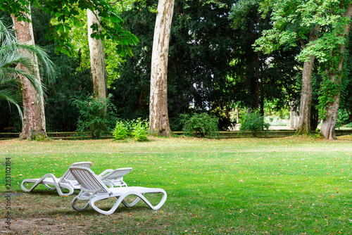 Empty white sun chairs on grass field. Kaiserin Auguste Viktoria Park  Bad Neuenahr Ahrweiler, Germany photo