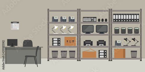 Workplace of the storekeeper. Shelving with office equipment and computer equipment. Storeroom. Warehouse racks. There is also a desk, a computer, a calendar, chairs and other things in the picture