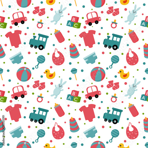 baby toys and clothes icons seamless pattern. newborn items on white background. vector Illustration.