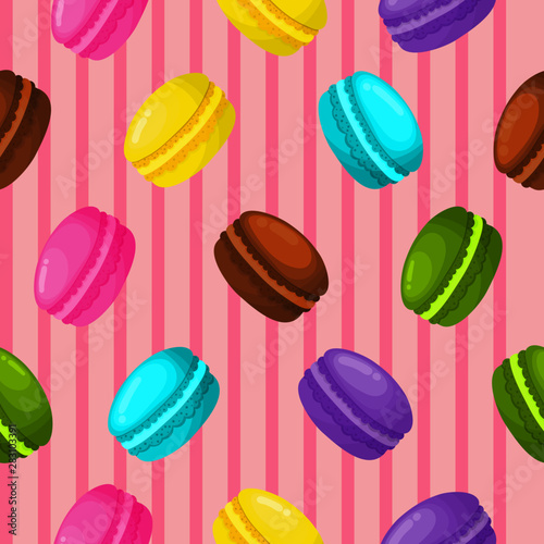 cute sweet macaroon seamless pattern. summer desserts on pink background for cafe or restaurant. illustration vector.