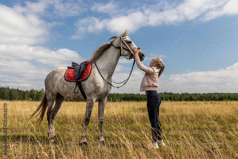 young girl in a pink jacket stroking a horse