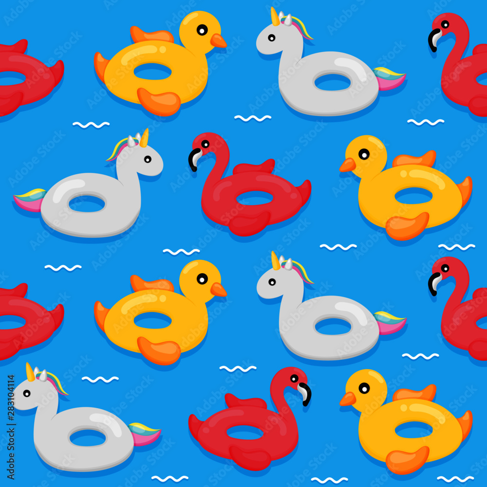 Naklejka premium colorful inflatable swimming seamless pattern. flamingos, duck and unicorn shape. summer items isolated on blue background. vector Illustration.