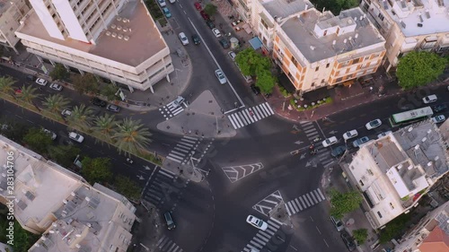 Center of Tel Aviv, transportation road interchange Israel, 4k aerial drone skyline view photo