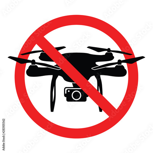 Sign for prohibited drone area. Zone forbidden for drone flight and aerial photos and video. No drones allowed here. Private area