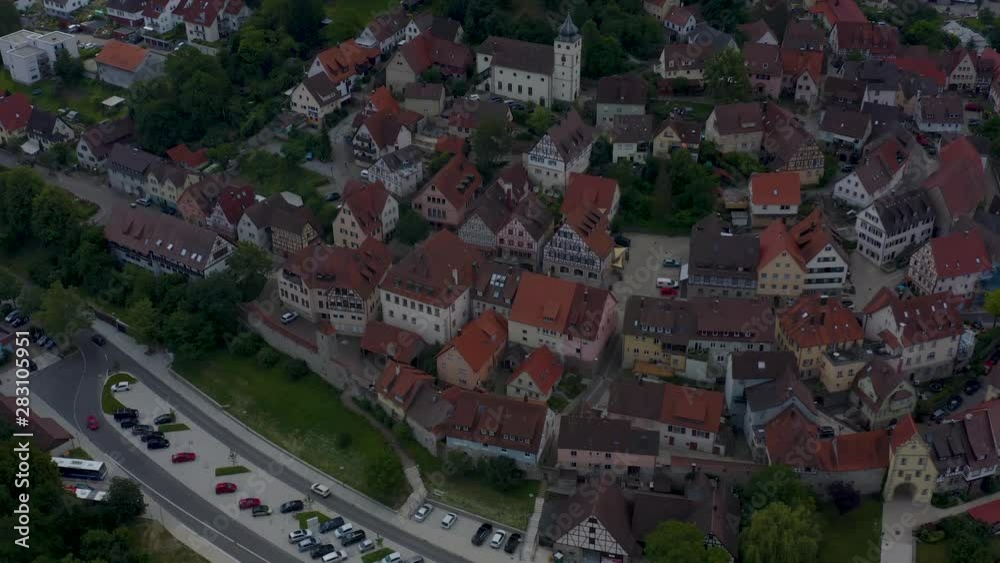 Aerial view from the old part of the city Forchtenberg in Germany. Camera zooms in and tilts down to overhead shot, passing over the Forchtenberg Ruins. Aerial view from the old part of the city Forchtenberg in Germany. Camera zooms in and tilts down to overhead shot, passing over the Forchtenberg Ruins.