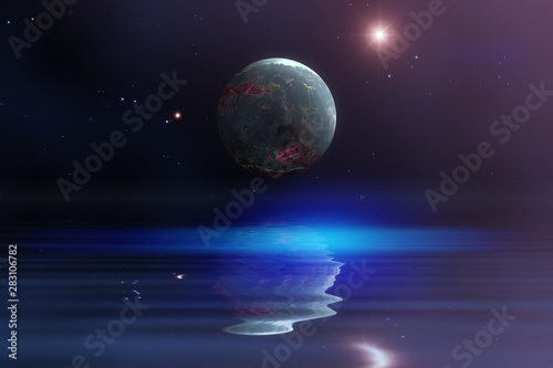 planet in space with water reflection