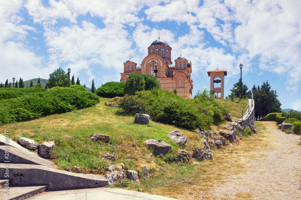 View of Hercegovacka Gracanica - Serbian Orthodox monastery - on sunny summer day. Trebinje city, Bosnia and Herzegovina