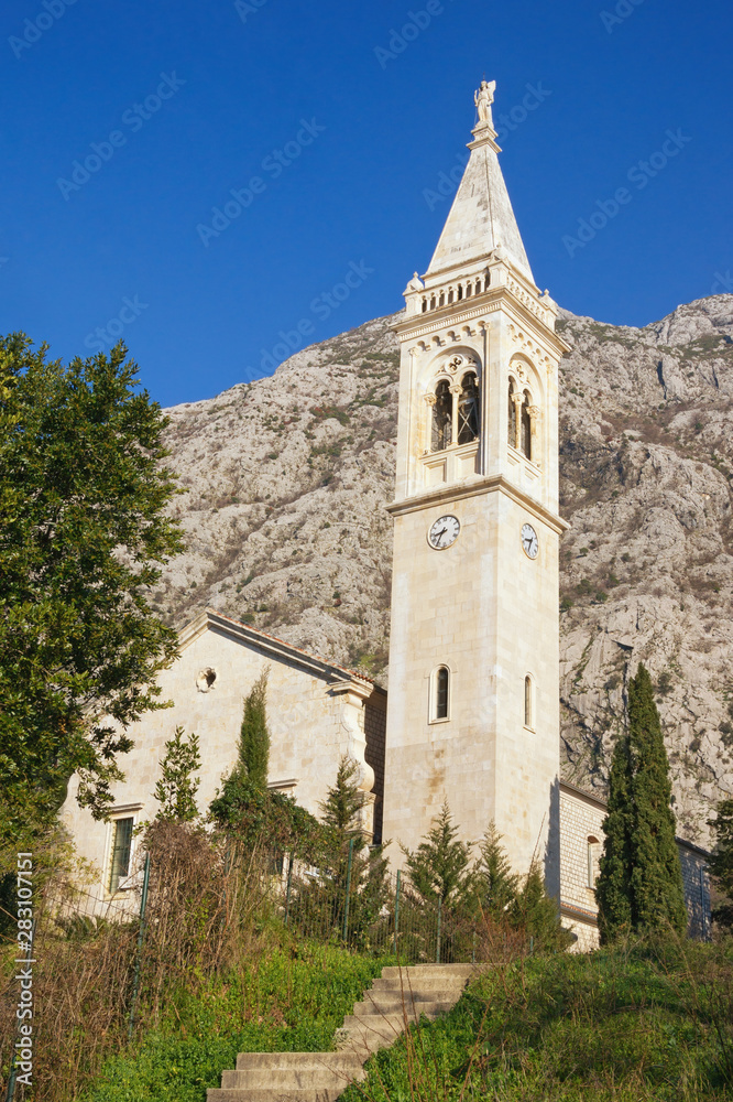 Religious architecture. View of Catholic Church of Saint Eustace (St. Eustahije).  Montenegro, Dobrota town