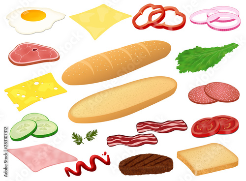 Set of ingredients for sandwich or burger on white background