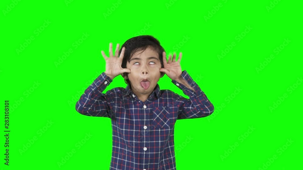 Little boy showing a mocking or silly gesture in the studio. Shot in 4k resolution with green screen background Little boy showing a mocking or silly gesture in the studio. Shot in 4k resolution with green screen background