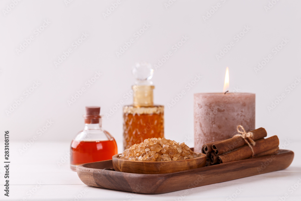 Spa setting with aromatic coffee candle