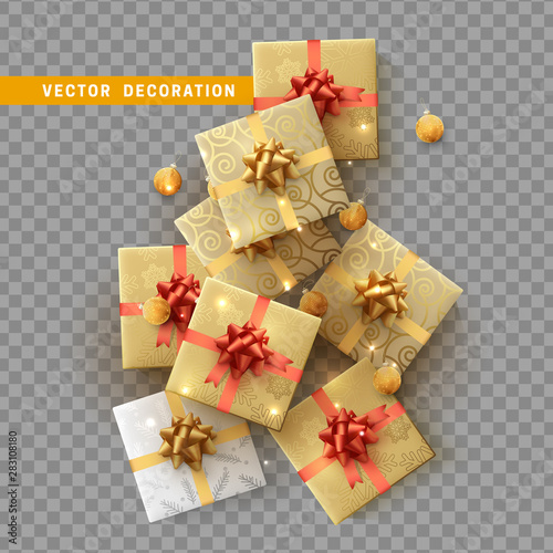 Gift box with surprise isolated on transparent background. Christmas abstract form of spruce from gifts. Pine tree from the boxes. Vector illustration