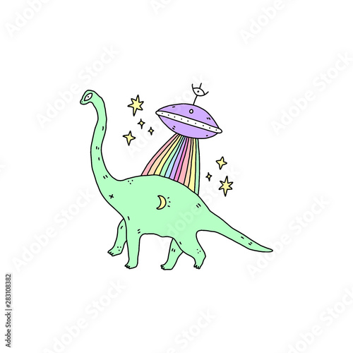 LGBT Friendly Rainbow Dinosaur UFO Aliens Space Comics 90s Vaporwave Line Art Vector Clipart Illustration