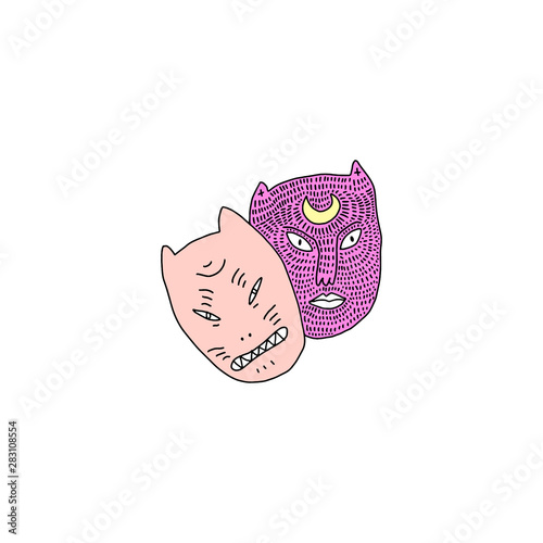 Moon Cat Witch Mask Shaman Japanese Vector Clipart Illustration