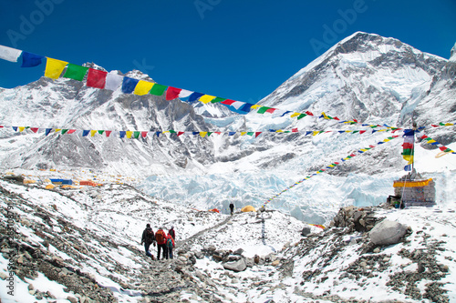 Mount Everest base camp, tents, Khumbu glacier and mountains, sagarmatha national park, trek to Everest base camp photo