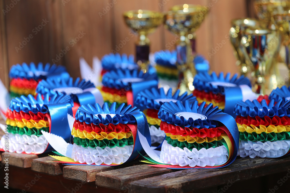 Closeup of awards for winners in sport competition outdoors