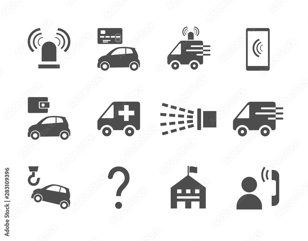 Emergency services, badges, monochrome, flat, vector. Gray pictures on a white field. Emergency medical and fire assistance, reference services. Emergency services, badges, monochrome, flat, vector. Gray pictures on a white field. Emergency medical and fire assistance, reference services.