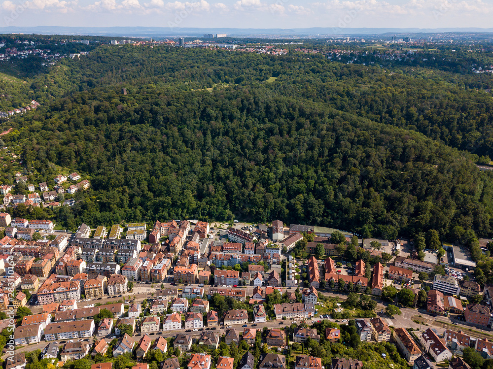Aerial view of the southern parts of Stuttgart towards Degerloch, Asemwald and Moehringen