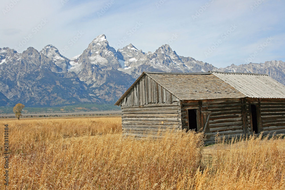 Wooden barn and Teton Range - Teton NP, Wyoming