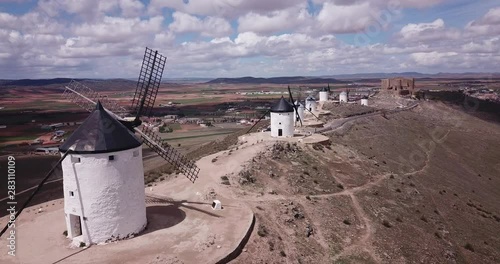 Aerial view of Wind mills at knolls at Consuegra, Toledo region, Spain  photo