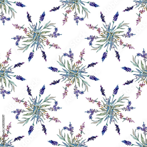 Lavender floral botanical flowers. Watercolor background illustration set. Seamless background pattern.