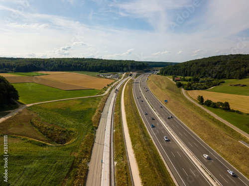 Aerial view of Highway A8 on the swabian alp between Ulm and Merklingen with construction works of the Stuttgart21 railway project