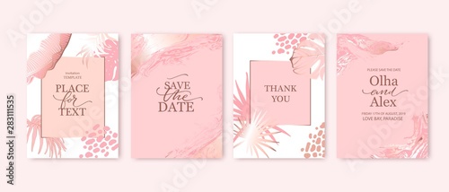 Set of elegant brochure, card, background, cover. Blush and rose gold marble texture. Geometric frame. Palm, exotic leaves. Save the date, invitation, birthday card design.