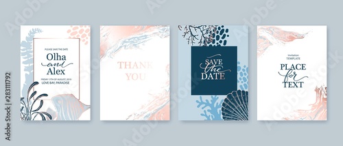 Set of wedding cards, invitation. Save the date sea style design. Romantic beach wedding summer background. Hand drawn seashells with rose gold texture.