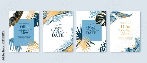 Set of elegant brochure, card, background, cover. Blue and golden marble texture. Geometric frame. Palm, exotic leaves. Save the date, invitation, birthday card design.
