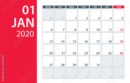 January 2020 Calendar Planner - vector illustration. Template. Mock up.