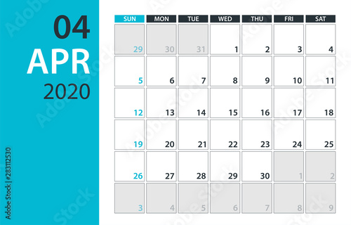April 2020 Calendar Planner - vector illustration. Template. Mock up.