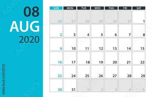 August 2020 Calendar Planner - vector illustration. Template. Mock up.
