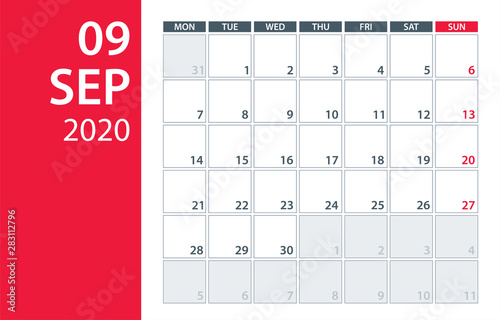 September 2020 Calendar Planner - vector illustration. Template. Mock up.