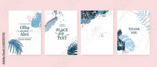 Set of elegant fashion brochure, birthday card, background, cover. Blue and goldenrose gold marble texture. Geometric frame. Palm, exotic leaves. Save the date, invitation, wedding card design.