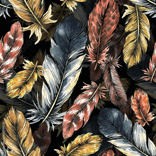 Seamless pattern of bird feathers. 