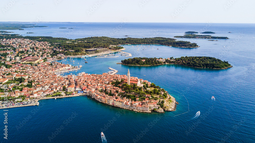 Fototapeta premium Beautiful Rovinj city aerial view from above the Adriatic sea. The old town of Rovinj, Istria, Croatia