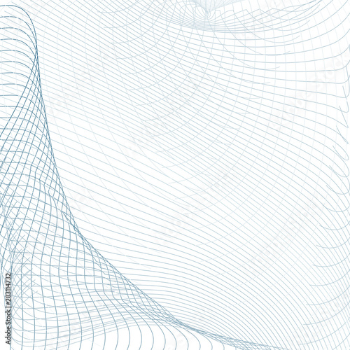 Vector squiggle, waving curves. Light blue, gray subtle lines. Sound, radio waves concept. Grid tech abstract pattern. Line art futuristic design. White background. Draped net. EPS10 illustration