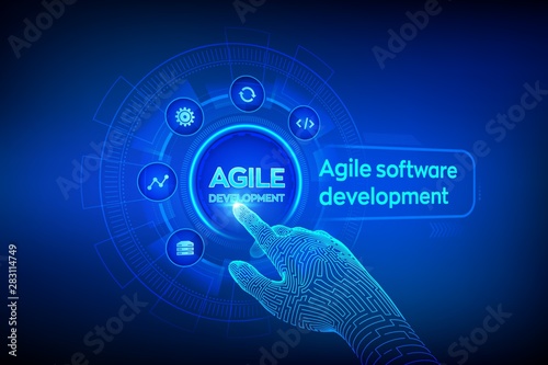 Agile software development methodology concept on virtual screen. Digital technology, big data concept. Flexible developing process. Robotic hand touching digital interface. Vector illustration.