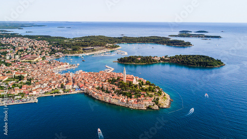 Beautiful Rovinj city aerial view from above the Adriatic sea. The old town of Rovinj, Istria, Croatia