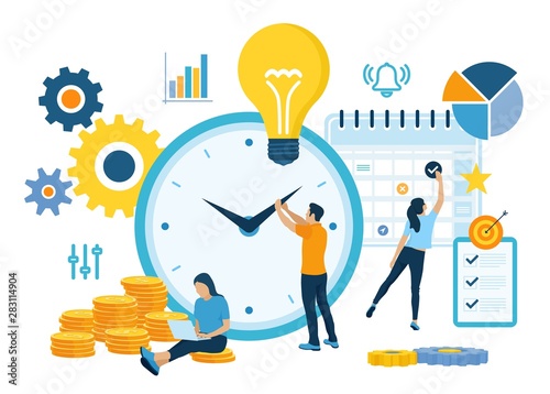 Time management planning, organization and control concept for effiecient succesful and profitable business. Concept of work time management. Business team. Vector illustration with characters.
