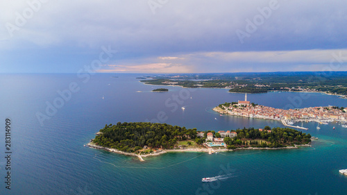 Aerial shot of an old Croatian coastal town Rovinj located on the western coast of the Istrian peninsula popular tourist resort and an active fishing port