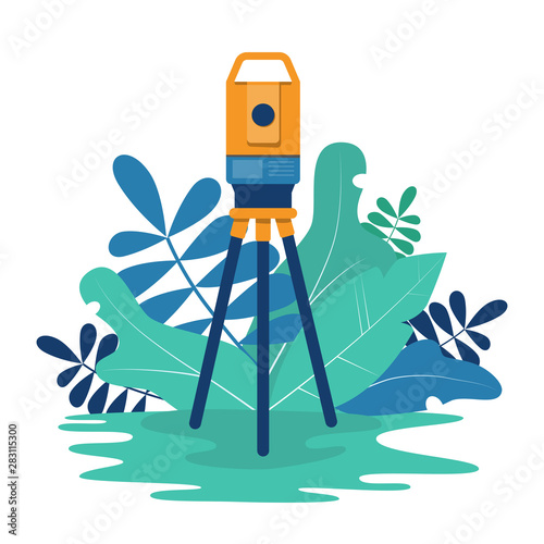 Theodolite. Surveying instrument. Geodesy. Vector illustration in flat and cartoon style.