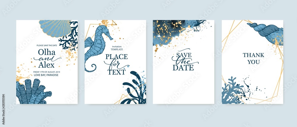 Set of wedding cards, invitation. Save the date sea style design. Romantic beach wedding summer background. Hand drawn seashells with golden texture.