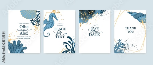 Set of wedding cards, invitation. Save the date sea style design. Romantic beach wedding summer background. Hand drawn seashells with golden texture.