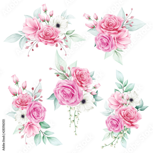 Set of watercolor flowers bouquet elements for wedding invitation cards composition