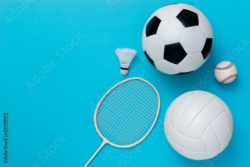 Assorted sports equipment including a basketball, soccer ball, volleyball, baseball, badminton racket on a light blue background