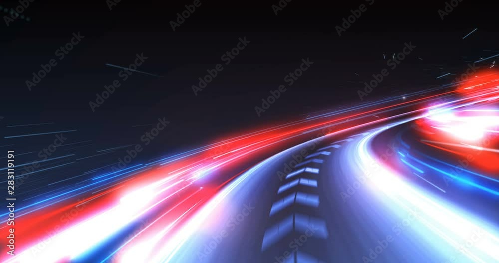 multi-color animation of motion high speed blur of train moving with arrows inside tunnel on black