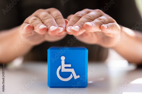 Person Protecting Cubic Block With Disabled Icon