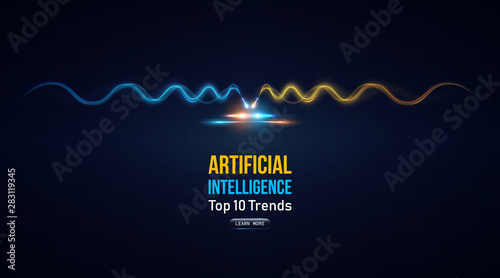 Artificial intelligence trends web banner. Data visualisation. Glowing neon fibers